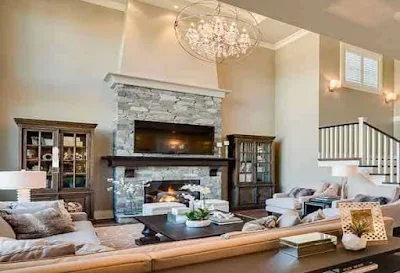 Living room with nice fireplace focal point.
