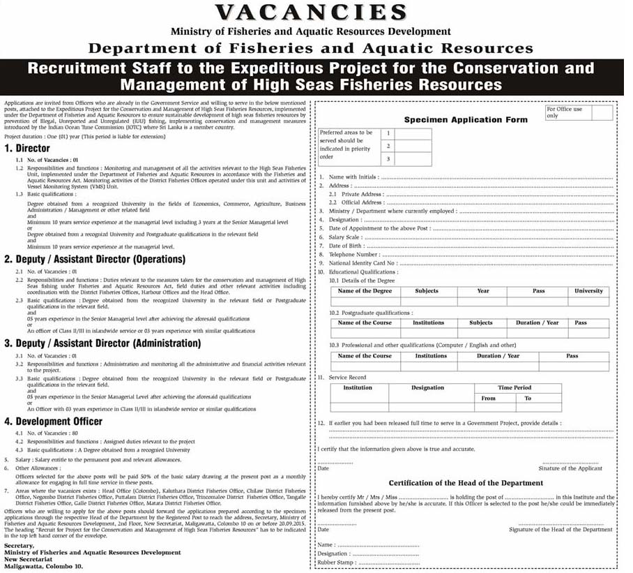 Vacancies at Department of Fisheries and Aquatic Resources