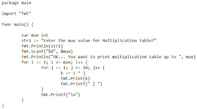 Go Programming: Multiplication Table - Using FOR Loop in Go