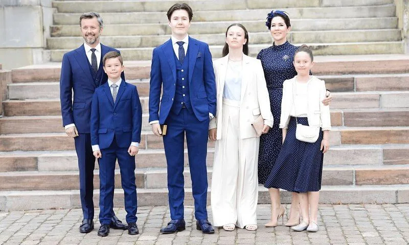 Princess Isabella wore a new Abra french nougat blazer and trousers from InWear. Iris and Ink Alison polka-dot satin midi dress