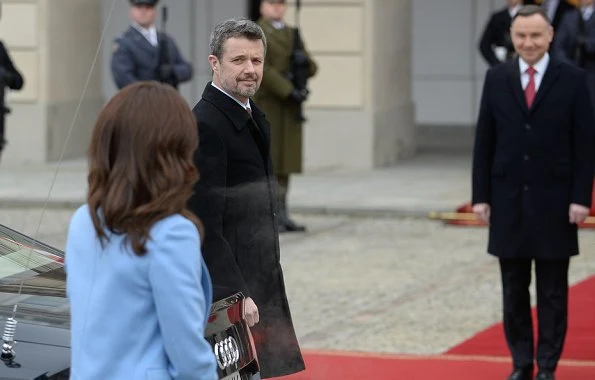 Crown Princess Mary wore Strenesse wool virgin coat in Loro Piana and print blouse. Andrzej Duda and Agata Kornhauser-Duda