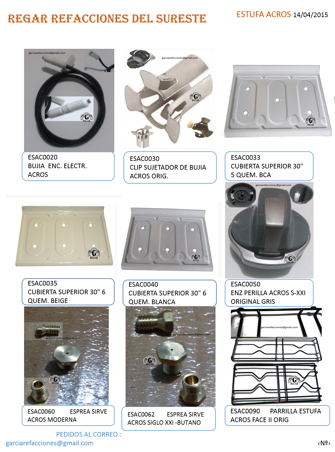 REGAR REFACCIONES DEL SURESTE ESTUFA ACROS,SUPERMATIC,WHIRLPOOL