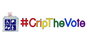 Image description: #CripTheVote hashtag in rainbow colors with different letters in red, orange, yellow, green, blue, and purple against a white background. On the left of the hashtag is an image of a ballot box.