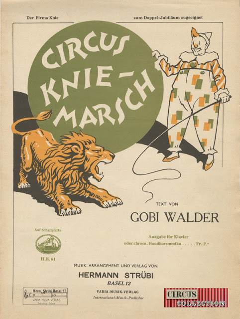 Richement illustrée d'un clown wt d'un lion cette partition musicale célèbre le Cirque Knie