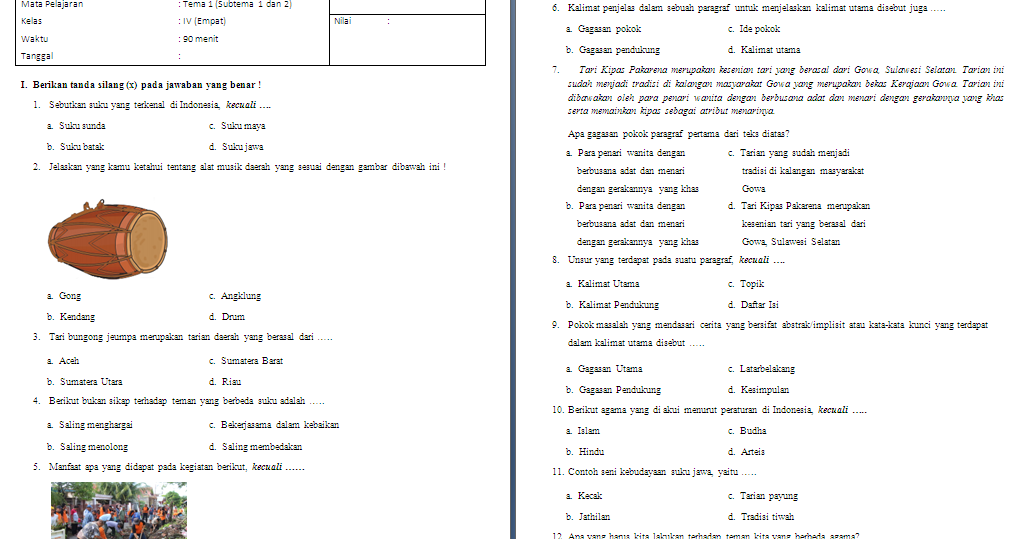34+ Soal Uts Pts Kelas Iv Sd Mi Tema 1 Tema 2 Sub 1 2 PNG