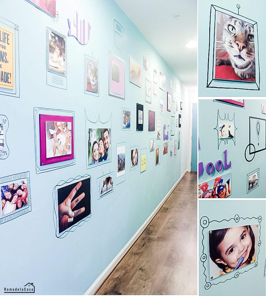 inexpensive pictures with drawn in the wall frames creating a gallery wall