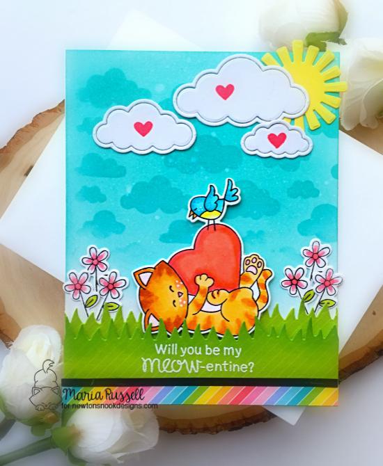 Kitty Valentine Card by Maria Russell | Newton's Valentine Stamp Set Stamp Set, Land Borders Die Set and Cloudy Sky Stencil by Newton's Nook Designs #newtonsnook #handmade