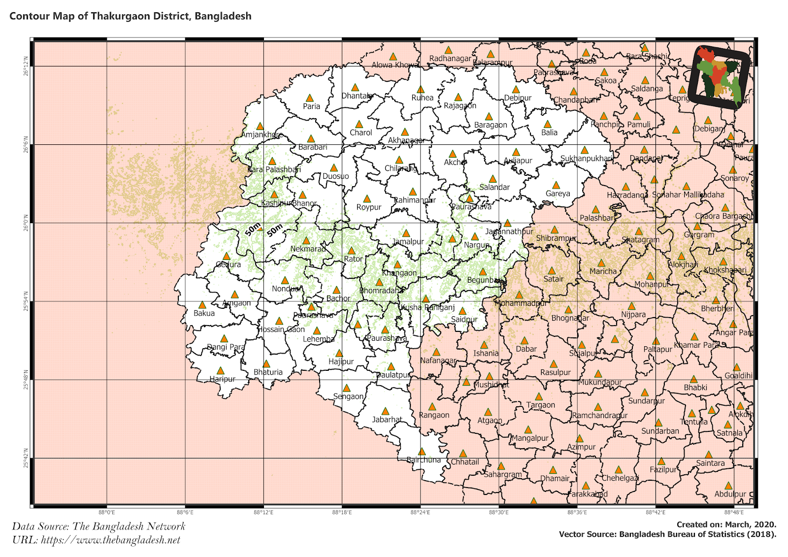 Elevation Map of Thakurgaon District of Bangladesh