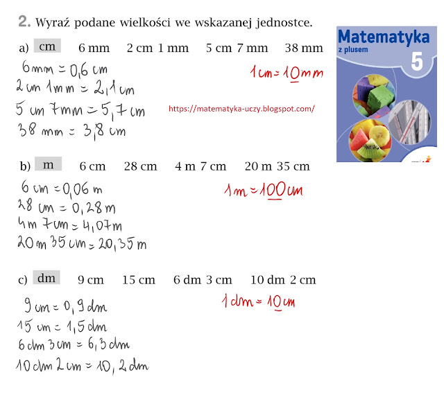 Zad.2 str. 149 "Matematyka z plusem 5"  - różne sposoby zapisywania długości i masy