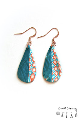 Boucles oreilles pâte polymère canne géométrique Mica Shift turquoise corail blanc Sculpey Cernit Fimo Stenna