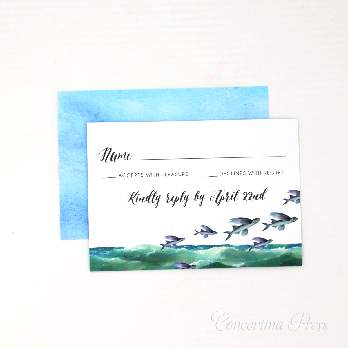 Flying fish RSVP cards from Concertina Press