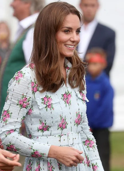 Kate Middleton wore Emilia Wickstead Aurora belted floral-print Swiss-dot cotton-blend seersucker dress and Monsoon fleur wedges