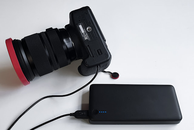 Showing the camera plugged in to a power-bank
