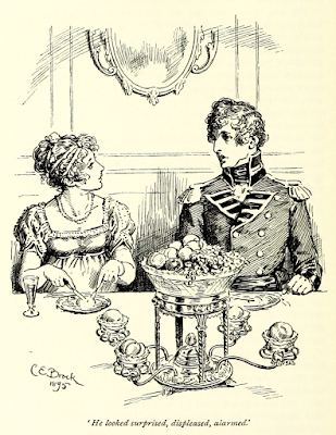 Elizabeth Bennet and Mr Wickham at dinner   Pride and Prejudice by Jane Austen (1813) Illustration by C E Brock (1895)