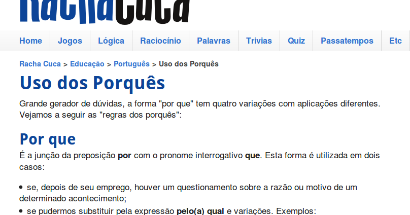 SIP - Sala de Informática Pedagógica: Exercícios de Uso dos Porquês - Quiz  - Racha Cuca