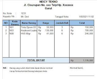 Nota Penjualan Otomatis, Contoh Nota