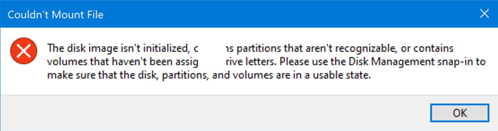 Sửa lỗi "Couldn’t Mount File - The disk image isn’t initialized" trong Windows 10