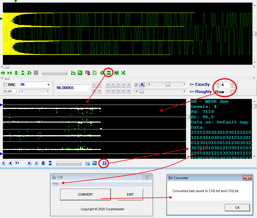 demodulating sync F7B mode transmissions using F7B.exe software