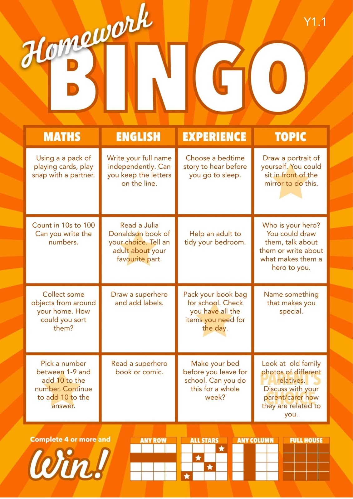 homework bingo ideas