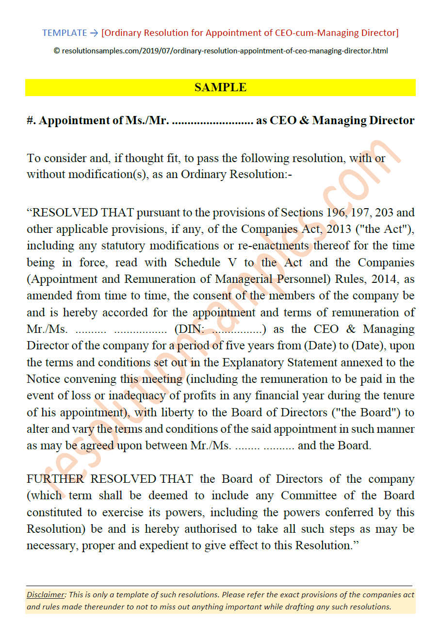 Ordinary Resolution for CEO & Managing Director Appointment With Ceo Report To Board Of Directors Template