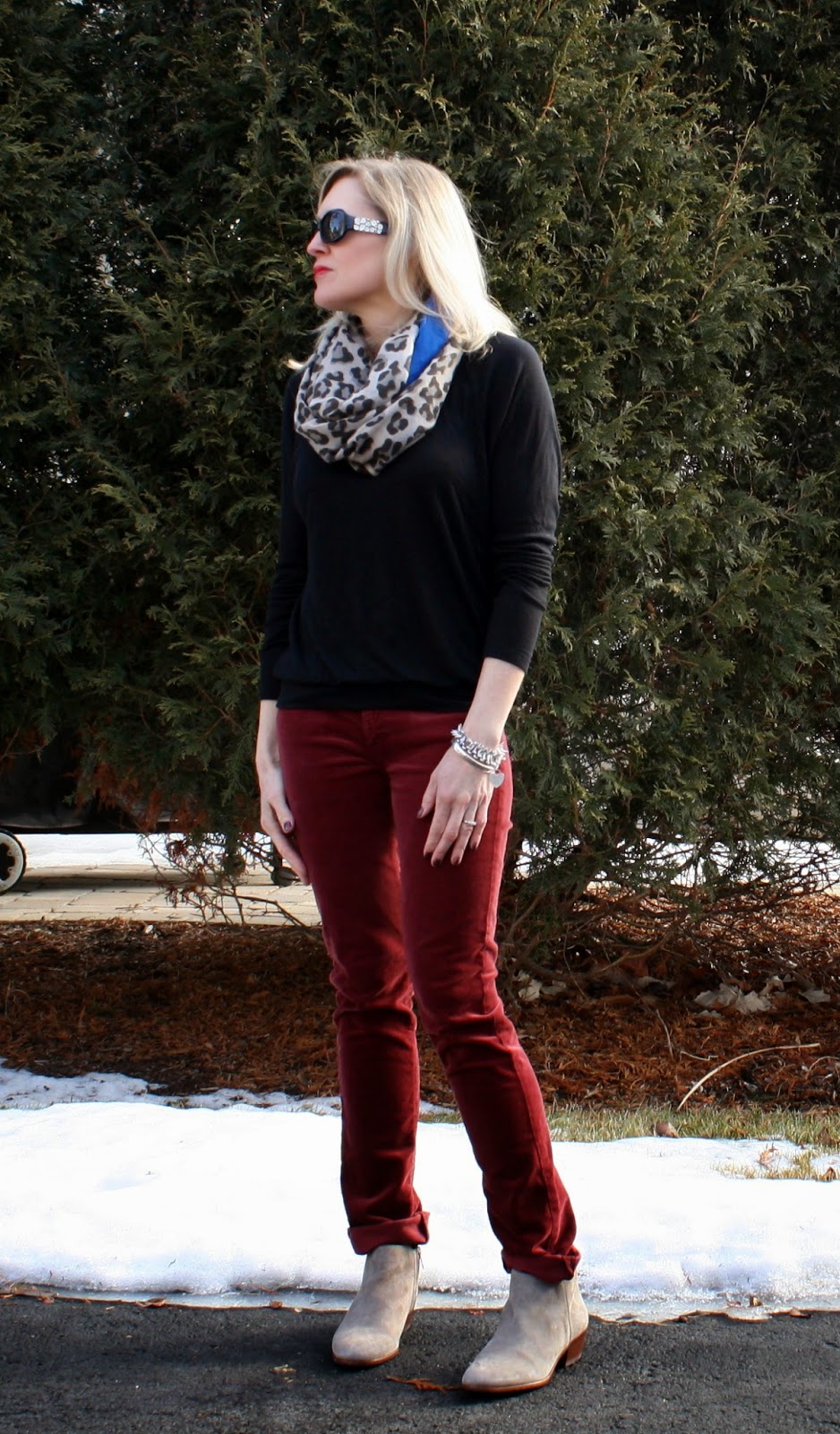 Pinspired outfit: black top, leopard scarf, marsala AG Stevie courdory's