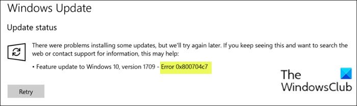 Ошибка Центра обновления Windows 0x800704c7