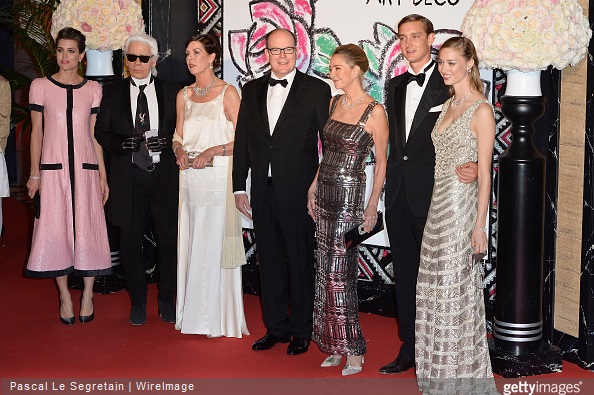 Charlotte Casiraghi, Karl Lagerfeld, Princess Caroline of Hanover, Prince Albert II of Monaco, Paola Marzotto, Pierre Casiraghi and Beatrice Borromeo attend the Rose Ball 2015 in aid of the Princess Grace Foundation at Sporting Monte-Carlo