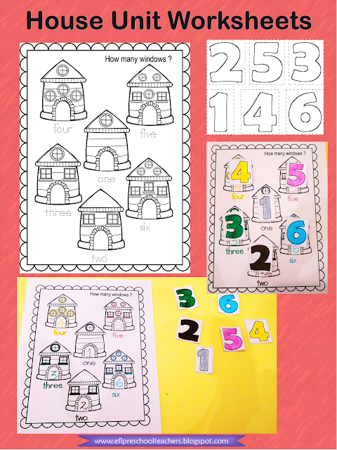Parts of the house and numbers worksheets for kindergarten