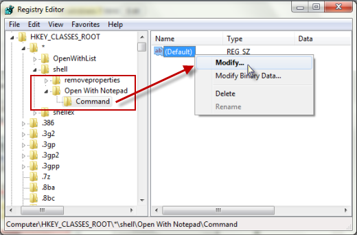 Regedit New key Command modifiy Add Open With Notepad di Setiap Context Menu di Windows 7