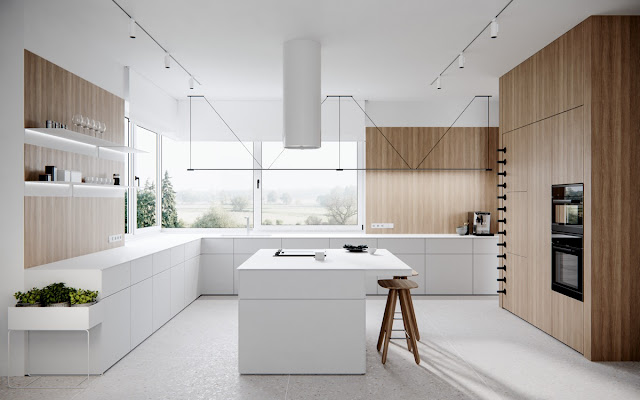 white l shaped kitchen with island
