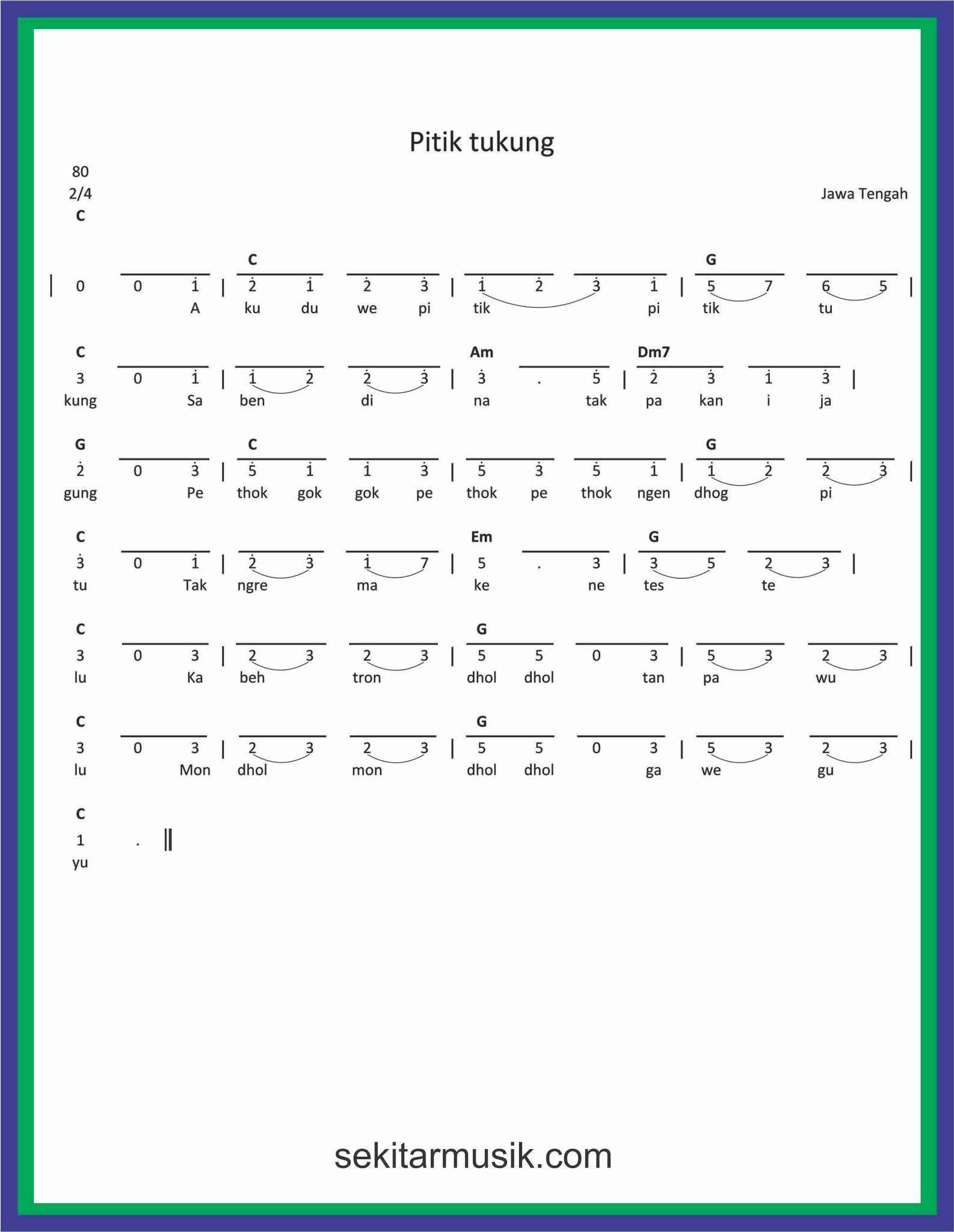 Not Angka Lagu Pitik Tukung Sekitar Musik