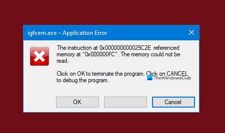 igfxem.exe 응용 프로그램 오류 - 메모리를 읽을 수 없습니다.