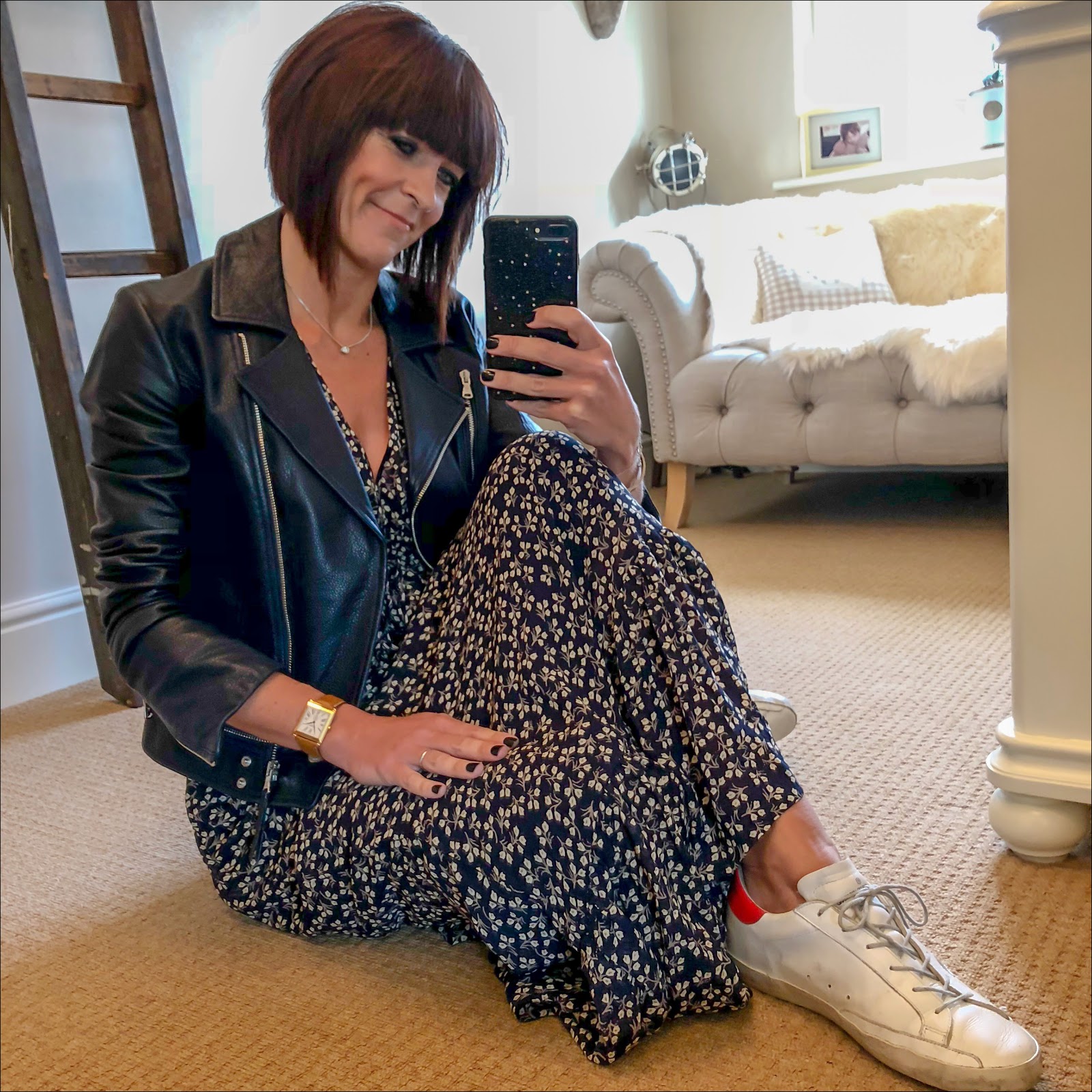 my midlife fashion, massimo dutti navy leather biker jacket, golden goose superstar low top leather trainers, ganni fluted floral print crepe de chine maxi dress