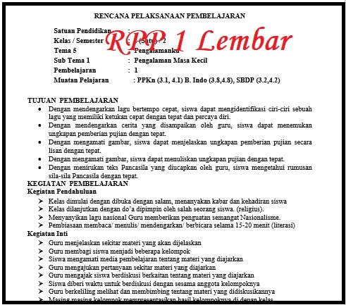 Rpp 1 Lembar Kelas 5 Sd Semester Genap 2019 2020 Edukasinfo Net