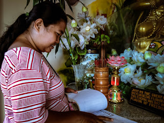 Traveler Woman Reading A Book In The Shrine Room Of Buddhist Monastery North Bali Indonesia
