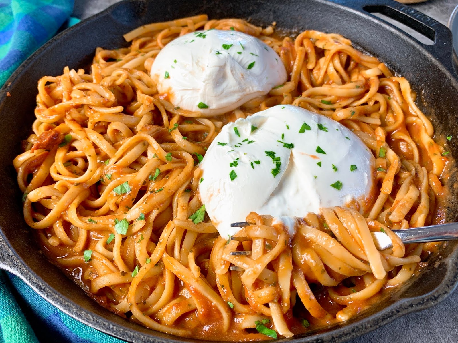 Two Ingredient Pesto Marinara with Linguine and Burrata