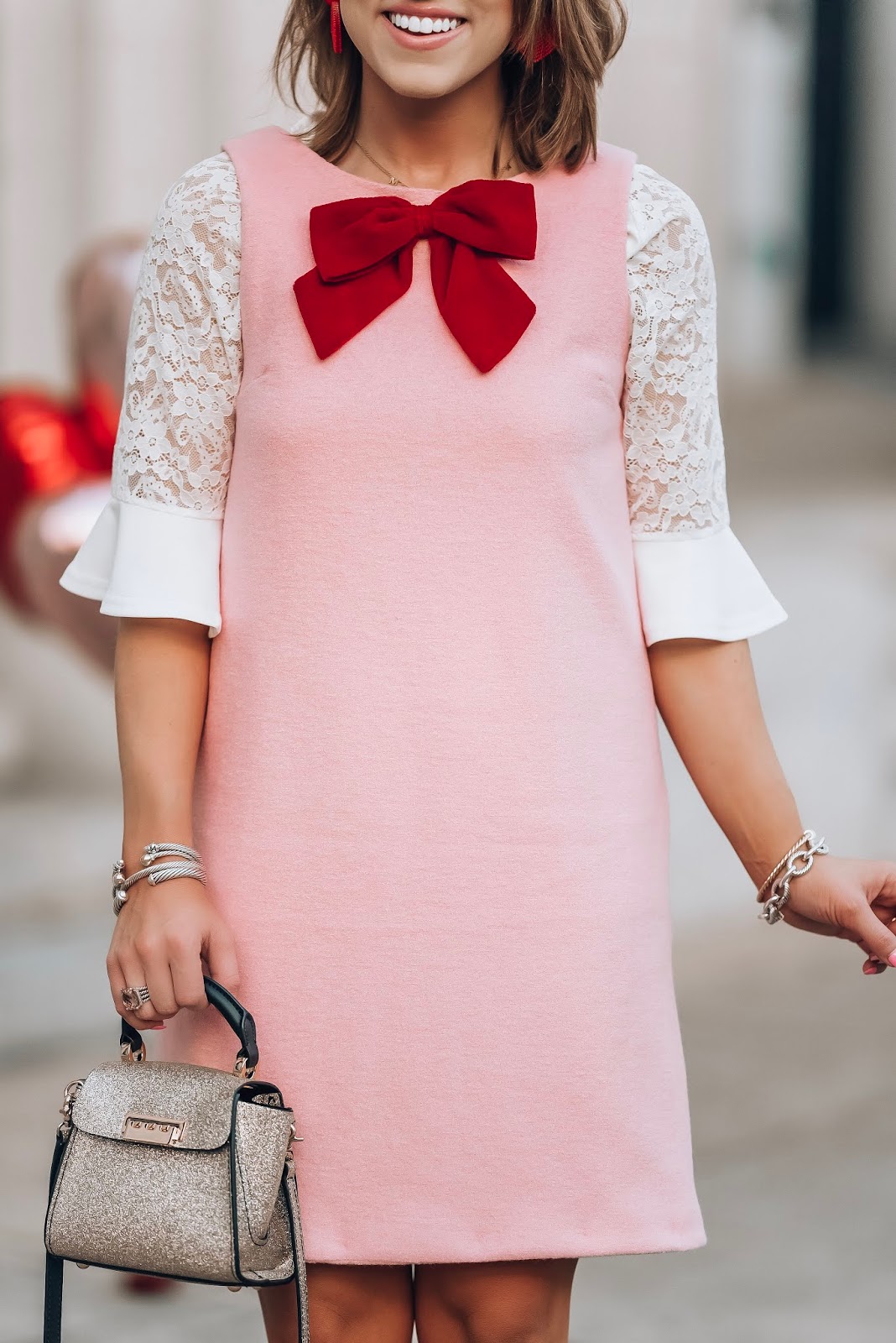 The Perfect Dress For Valentine's Day - Pink & Red Bow Dress - Something Delightful Blog #valentinesday #valentinesdaystyle #kjp #pinkdress #bow #valentine #galentinesday #winterstyle #hearts