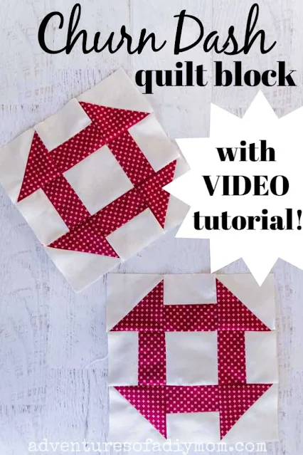 picture of two red and cream churn dash quilt blocks
