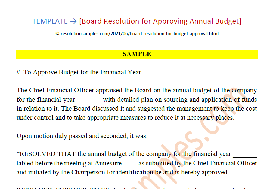 Specimen Board Resolution for Approving Annual Budget