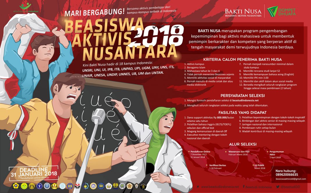 Beasiswa Kuliah Aktivis Nusantara (BAKTI NUSA) 2018 kuliah gratis