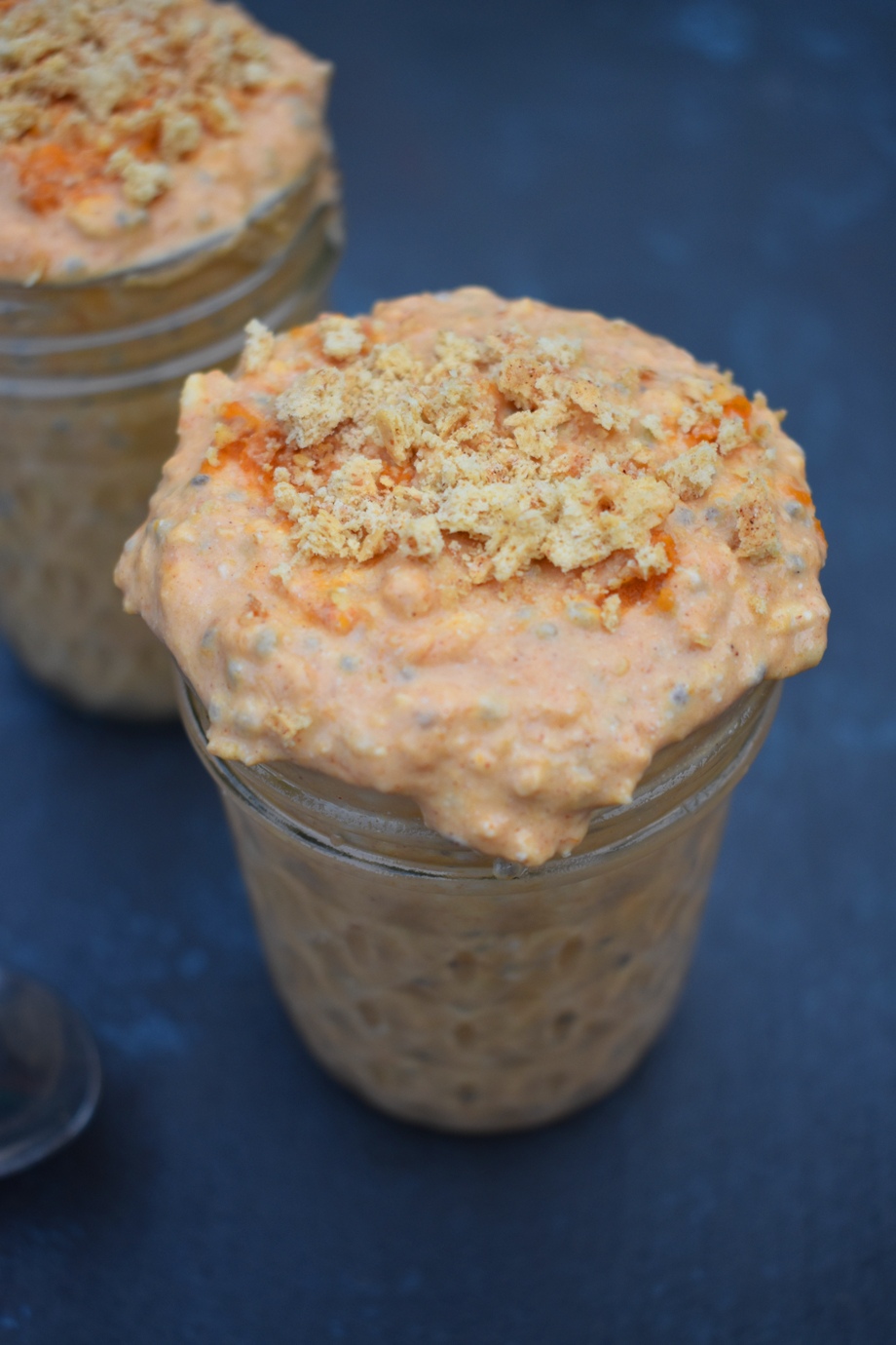 Pumpkin Cheesecake Overnight Oats taste like your favorite dessert but are healthy with oats, Greek yogurt, pumpkin and collagen peptides! Loaded with swirls of cream cheese, pumpkin spice and graham crackers for that true cheesecake flavor. www.nutritionistreviews.com