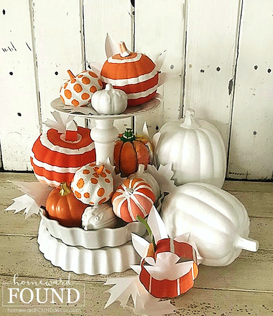 fall, fall decorating, fall home decor, tiered tray, tiered tray decor, styling a tiered tray, pumpkins, pumpkin decor, decorating with pumpkins, painted pumpkins, paper pumpkins, ceramic pumpkins, fall leaves, paper leaves, color, colorful home decor, diy, diy home decor, diy projects, use what you have decorating, tabletop decor, kitchen island decor, home decor diy