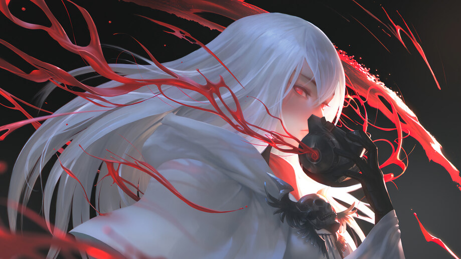 Anime girl in white dress with gray long hair and red eyes riding red  lipstick 2K wallpaper download