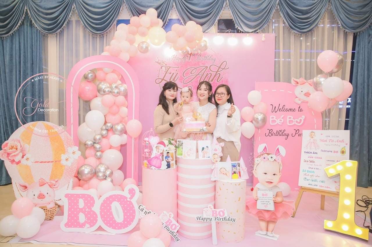 Backdrop sinh nhật bé gái Hồng  vàng gold  PartyStorevn