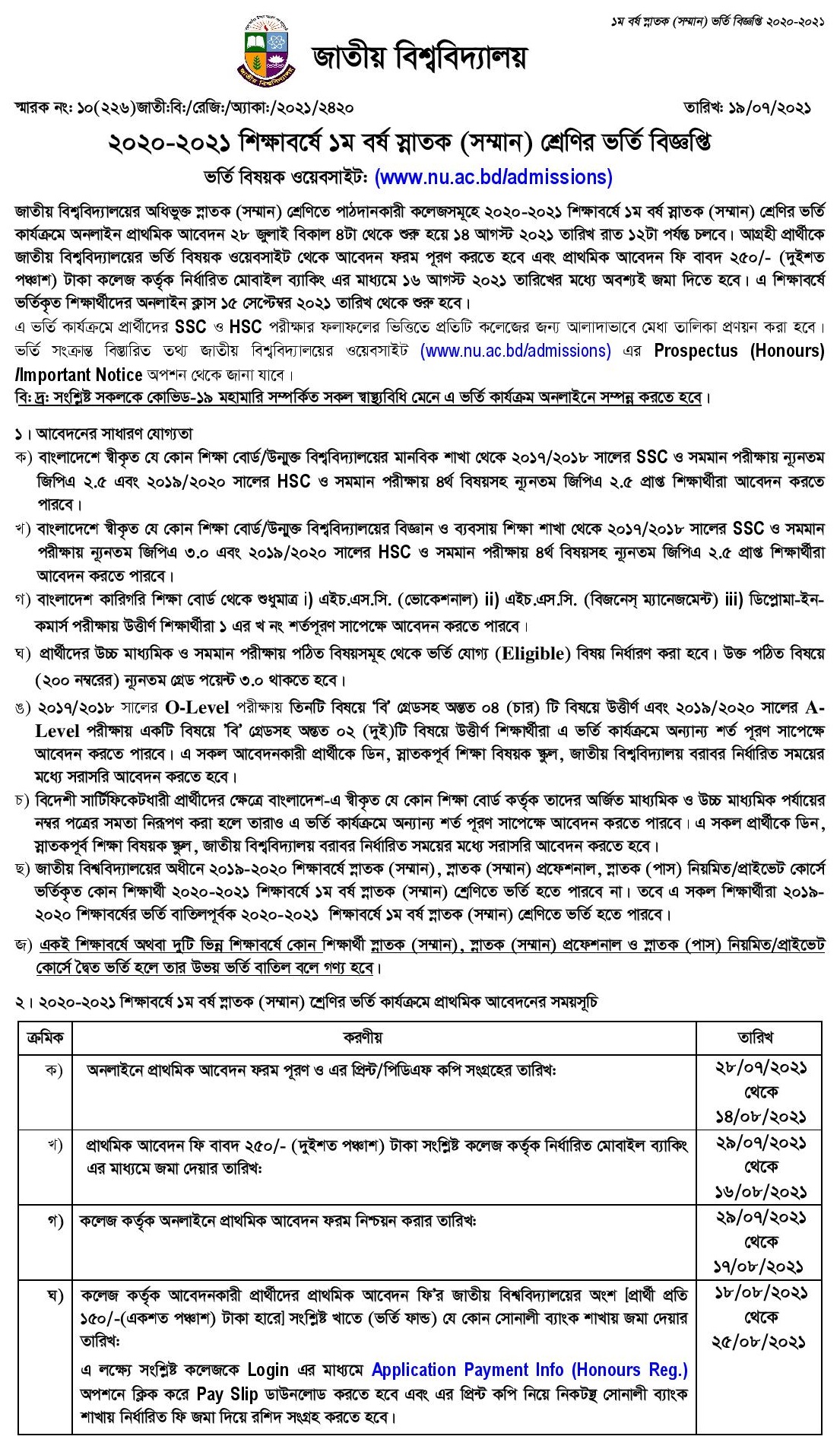 National University Honours Admission Circular