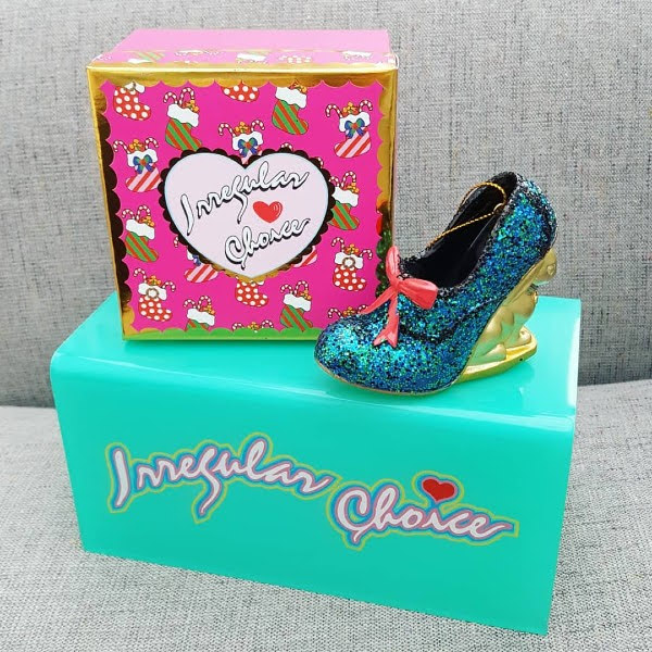 blue glitter and gold bunny heeled shoes bauble with box on Irregular Choice stand