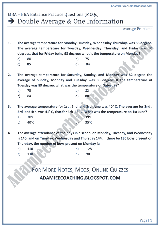 Adamjee Coaching Double Average And One Information Aptitude Test Preparation For MBA BBA