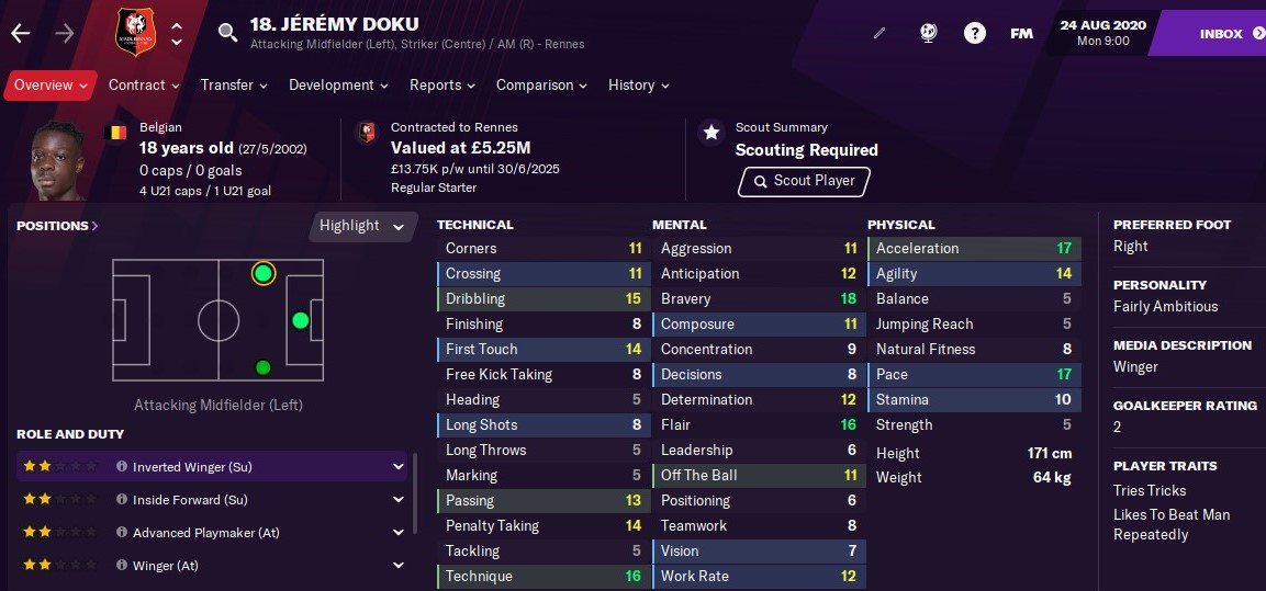 Jeremy Doku: Starting Attributes in FM2021 Jeremy Doku: Starting Attributes in FM2021