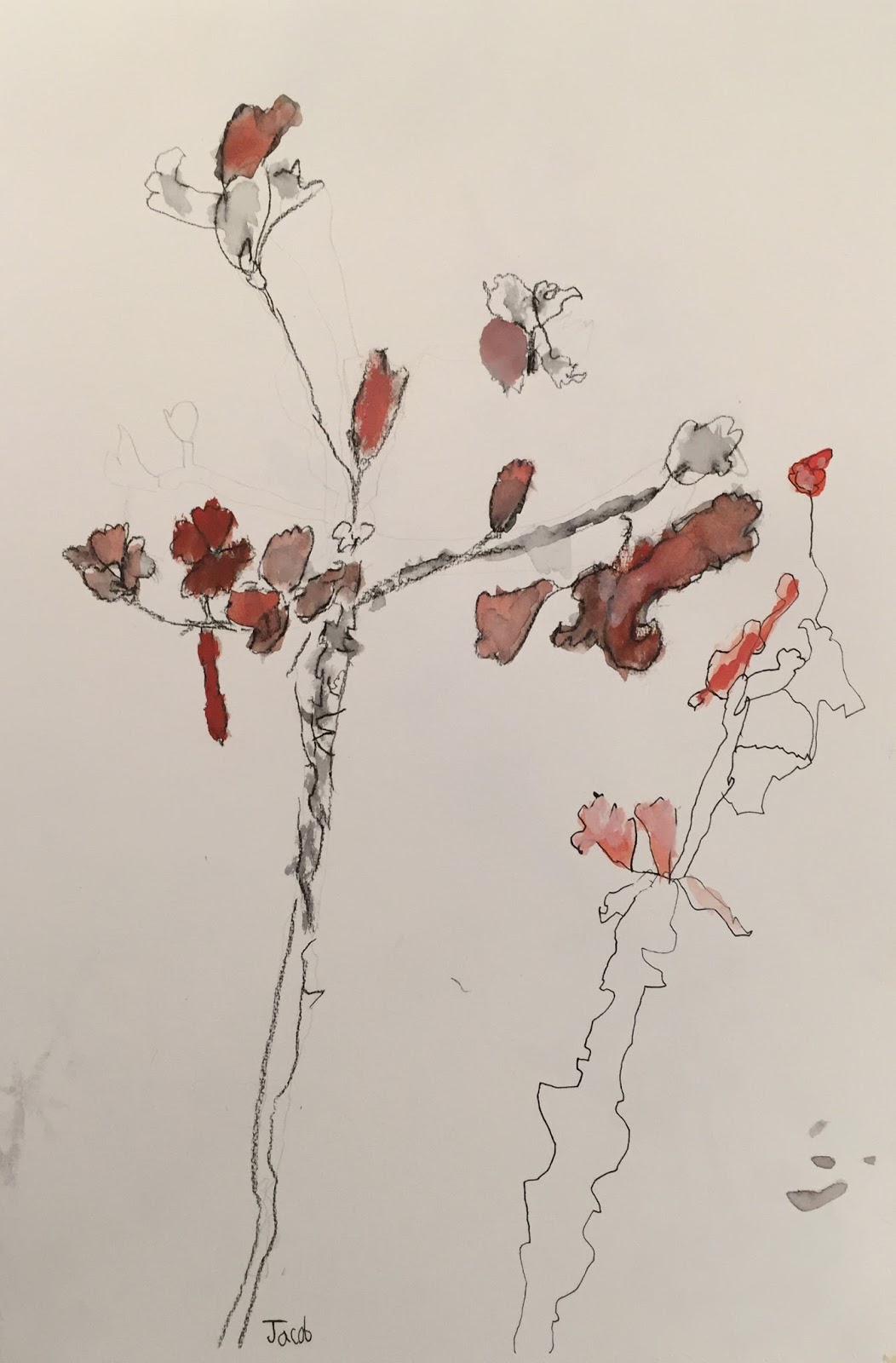 Doodlebug Dabblings Cherry Blossom study in graphite, ink, and gouache