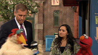 Brian Williams, Elmo and Leela appear in a scene from the episode Mine itis sweeps Sesame Street. Sesame Street Preschool is Cool Making Friends